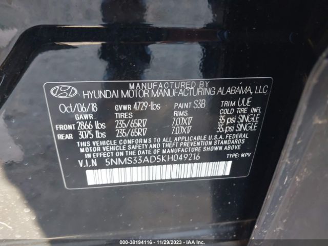 Photo 8 VIN: 5NMS33AD5KH049216 - HYUNDAI SANTA FE 