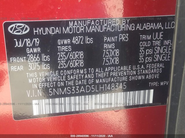 Photo 8 VIN: 5NMS33AD5LH148345 - HYUNDAI SANTA FE 