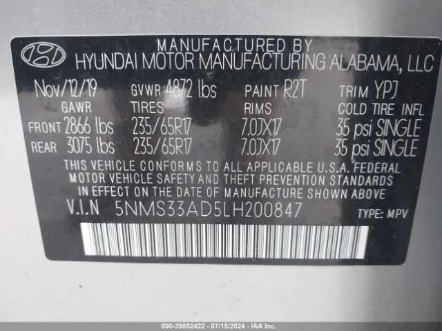 Photo 8 VIN: 5NMS33AD5LH200847 - HYUNDAI SANTA FE 