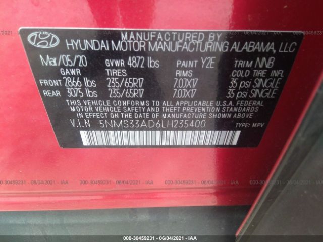 Photo 8 VIN: 5NMS33AD6LH235400 - HYUNDAI SANTA FE 