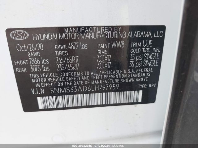 Photo 8 VIN: 5NMS33AD6LH297959 - HYUNDAI SANTA FE 