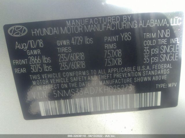 Photo 8 VIN: 5NMS33AD7KH025273 - HYUNDAI SANTA FE 