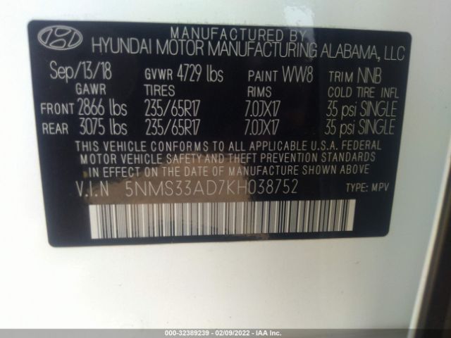 Photo 8 VIN: 5NMS33AD7KH038752 - HYUNDAI SANTA FE 