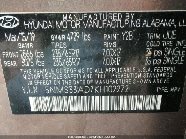 Photo 8 VIN: 5NMS33AD7KH102272 - HYUNDAI SANTA FE 