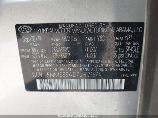 Photo 8 VIN: 5NMS33AD7LH171674 - HYUNDAI SANTA FE 