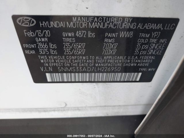 Photo 8 VIN: 5NMS33AD7LH226950 - HYUNDAI SANTA FE 