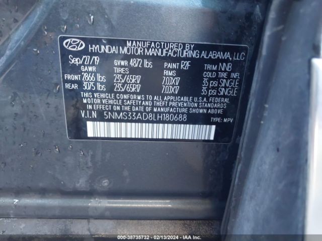 Photo 8 VIN: 5NMS33AD8LH180688 - HYUNDAI SANTA FE 