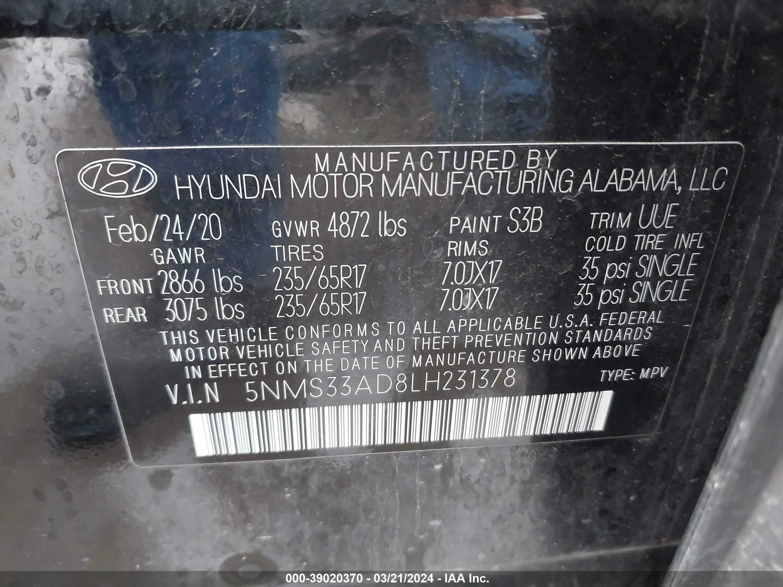 Photo 8 VIN: 5NMS33AD8LH231378 - HYUNDAI SANTA FE 