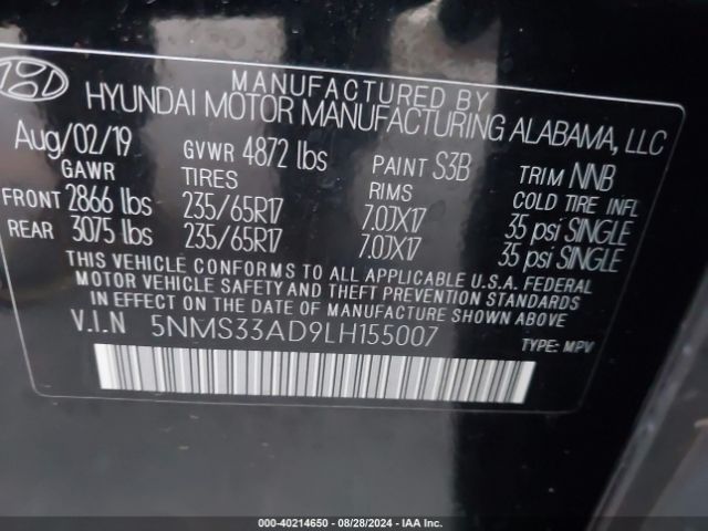 Photo 8 VIN: 5NMS33AD9LH155007 - HYUNDAI SANTA FE 