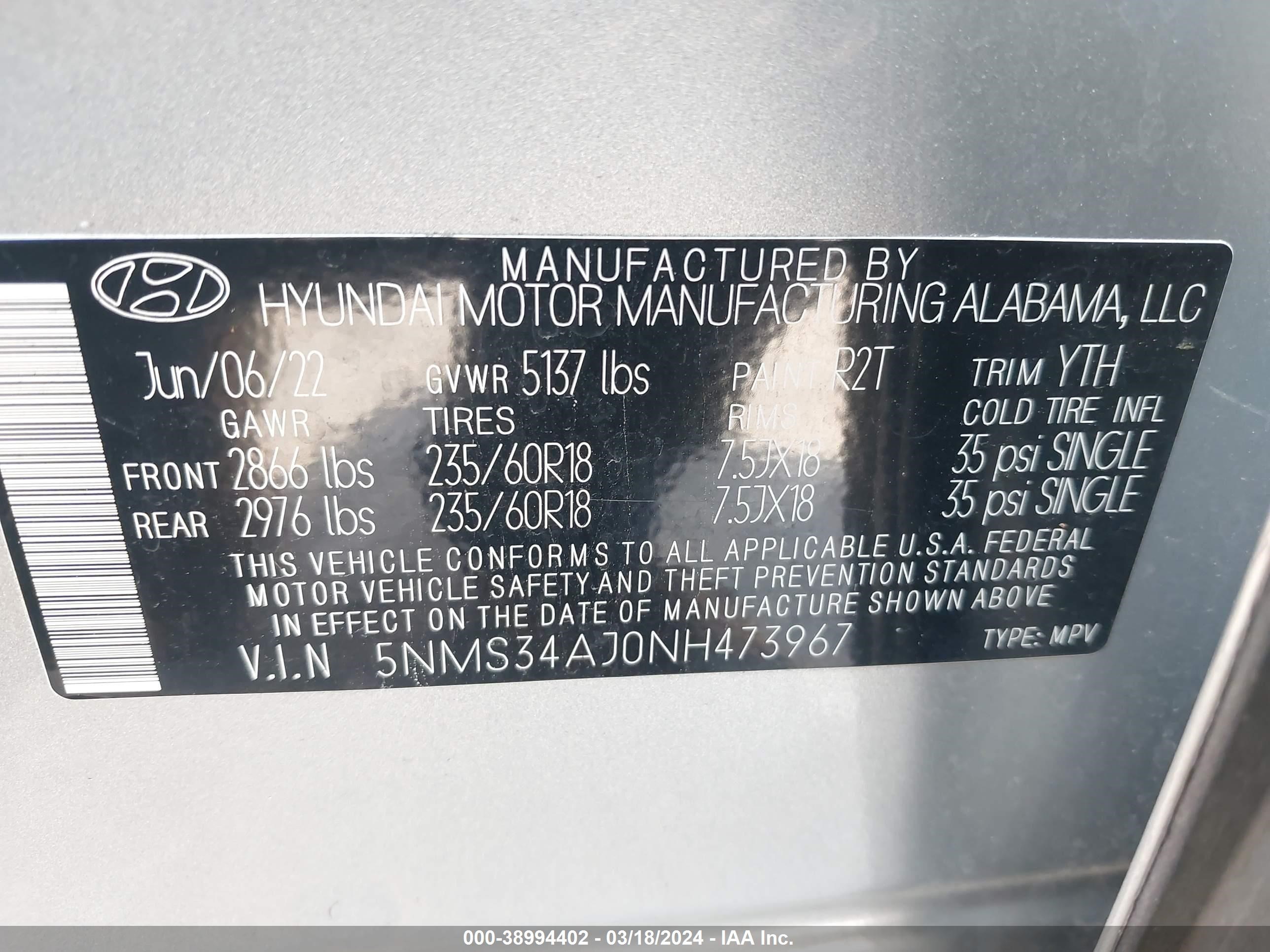 Photo 8 VIN: 5NMS34AJ0NH473967 - HYUNDAI SANTA FE 