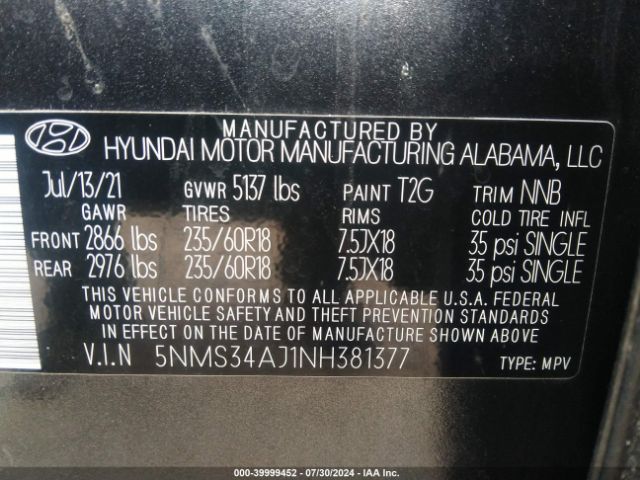 Photo 8 VIN: 5NMS34AJ1NH381377 - HYUNDAI SANTA FE 