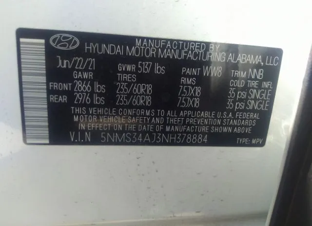 Photo 8 VIN: 5NMS34AJ3NH378884 - HYUNDAI SANTA FE 