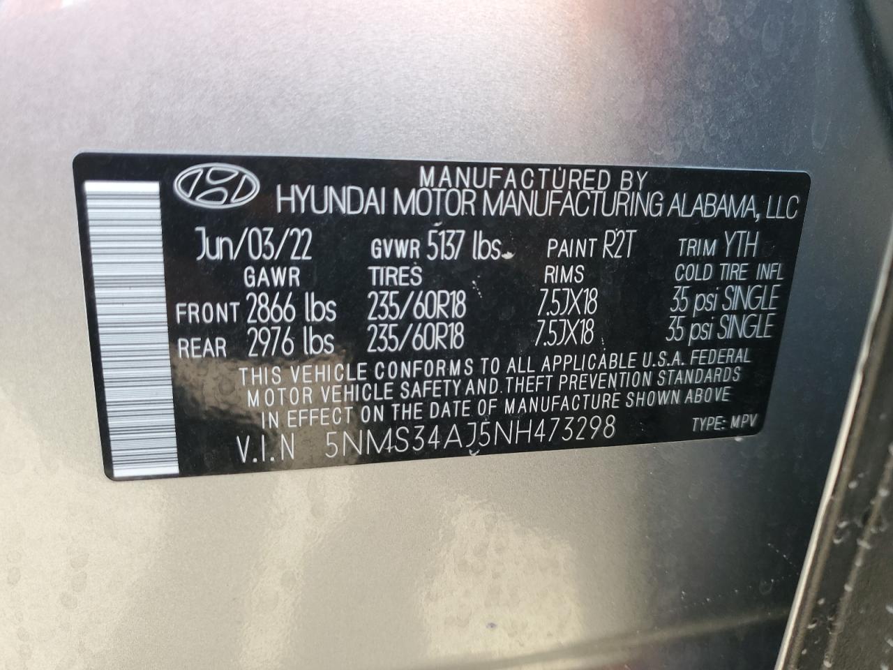 Photo 12 VIN: 5NMS34AJ5NH473298 - HYUNDAI SANTA FE 