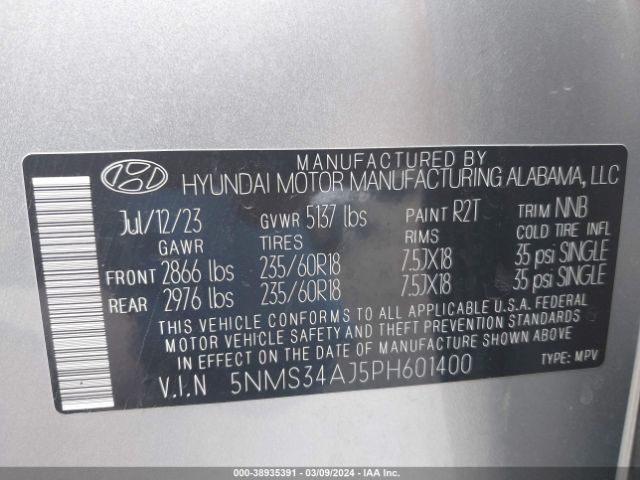 Photo 8 VIN: 5NMS34AJ5PH601400 - HYUNDAI SANTA FE 