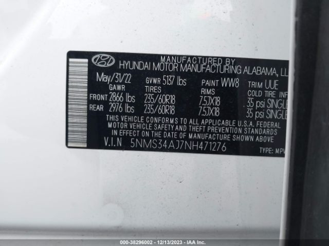 Photo 8 VIN: 5NMS34AJ7NH471276 - HYUNDAI SANTA FE 