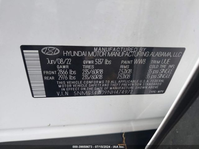 Photo 8 VIN: 5NMS34AJ9NH474972 - HYUNDAI SANTA FE 