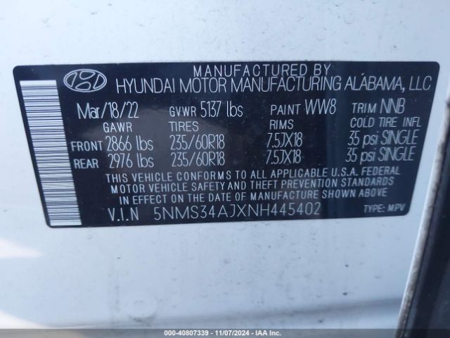 Photo 8 VIN: 5NMS34AJXNH445402 - HYUNDAI SANTA FE 