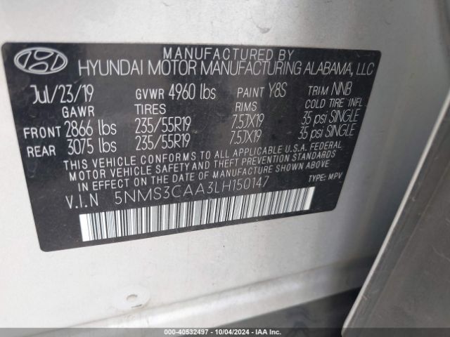 Photo 8 VIN: 5NMS3CAA3LH150147 - HYUNDAI SANTA FE 