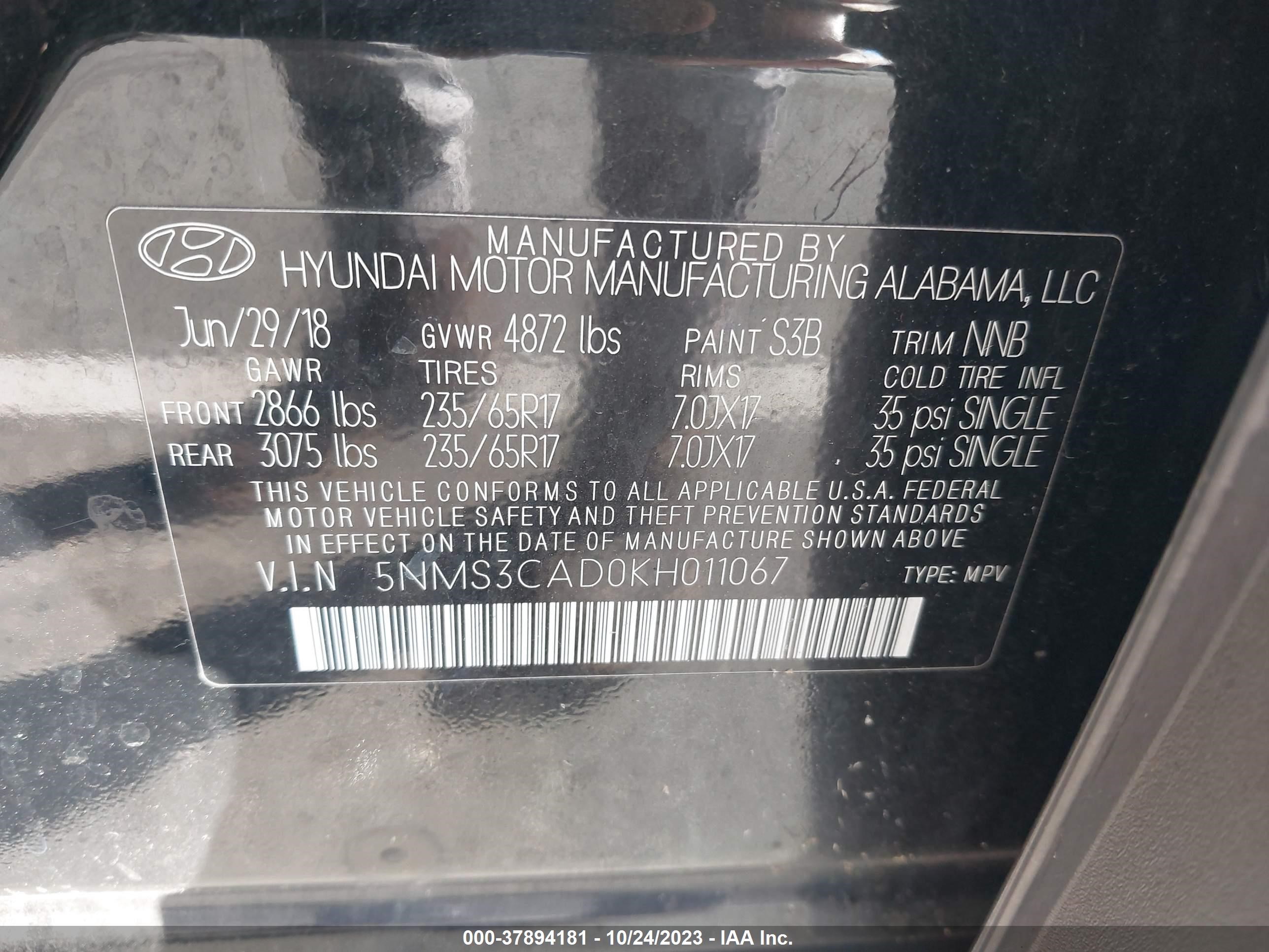 Photo 8 VIN: 5NMS3CAD0KH011067 - HYUNDAI SANTA FE 