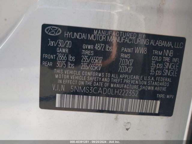 Photo 8 VIN: 5NMS3CAD0LH222352 - HYUNDAI SANTA FE 