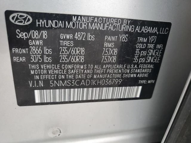 Photo 12 VIN: 5NMS3CAD1KH036799 - HYUNDAI SANTA FE S 