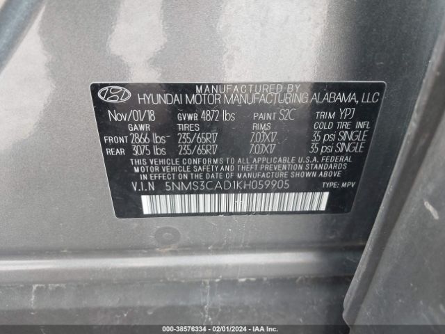 Photo 8 VIN: 5NMS3CAD1KH059905 - HYUNDAI SANTA FE 