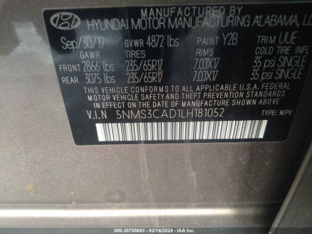 Photo 8 VIN: 5NMS3CAD1LH181052 - HYUNDAI SANTA FE 