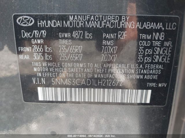 Photo 8 VIN: 5NMS3CAD1LH212672 - HYUNDAI SANTA FE 