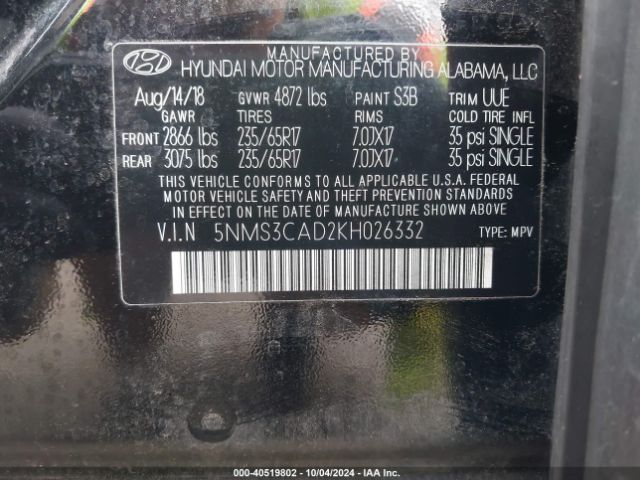 Photo 8 VIN: 5NMS3CAD2KH026332 - HYUNDAI SANTA FE 