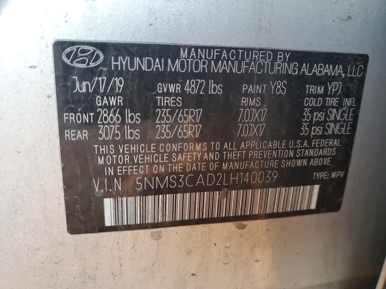 Photo 12 VIN: 5NMS3CAD2LH140039 - HYUNDAI SANTA FE 