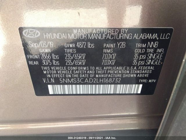 Photo 8 VIN: 5NMS3CAD2LH168732 - HYUNDAI SANTA FE 