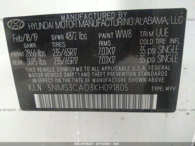 Photo 8 VIN: 5NMS3CAD3KH091805 - HYUNDAI SANTA FE 