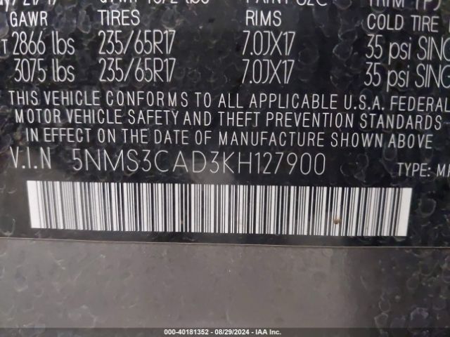 Photo 8 VIN: 5NMS3CAD3KH127900 - HYUNDAI SANTA FE 