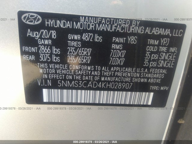 Photo 8 VIN: 5NMS3CAD4KH028907 - HYUNDAI SANTA FE 