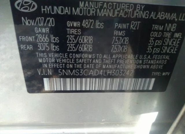 Photo 8 VIN: 5NMS3CAD4LH303242 - HYUNDAI SANTA FE 