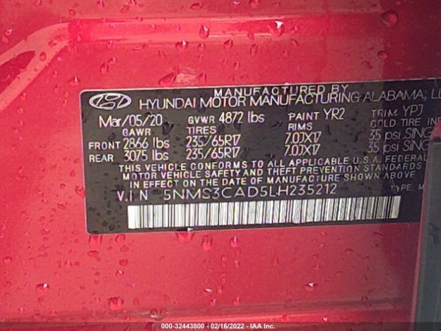 Photo 8 VIN: 5NMS3CAD5LH235212 - HYUNDAI SANTA FE 