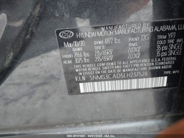 Photo 8 VIN: 5NMS3CAD5LH237526 - HYUNDAI SANTA FE 