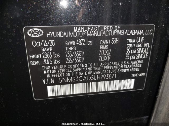 Photo 8 VIN: 5NMS3CAD5LH293871 - HYUNDAI SANTA FE 