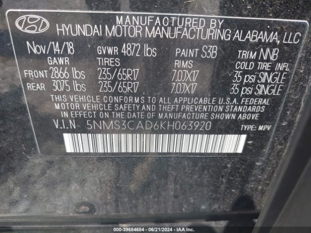 Photo 8 VIN: 5NMS3CAD6KH063920 - HYUNDAI SANTA FE 