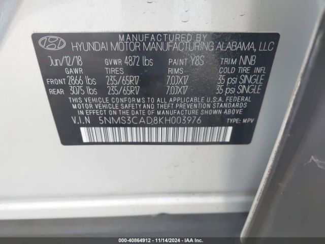 Photo 8 VIN: 5NMS3CAD8KH003976 - HYUNDAI SANTA FE 