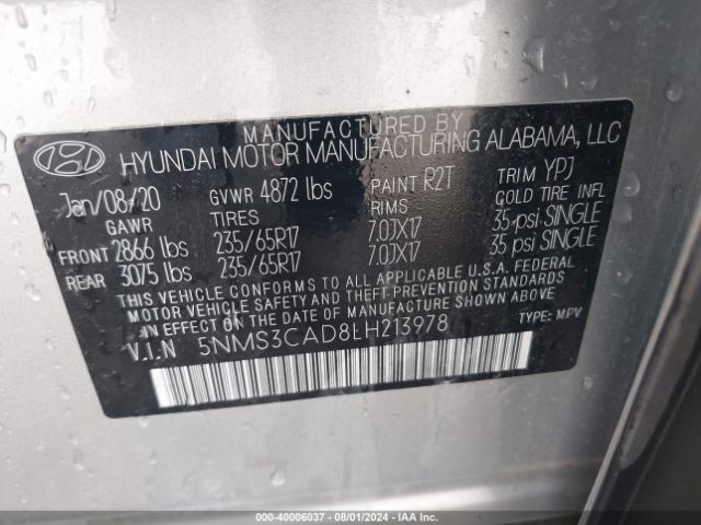 Photo 8 VIN: 5NMS3CAD8LH213978 - HYUNDAI SANTA FE 