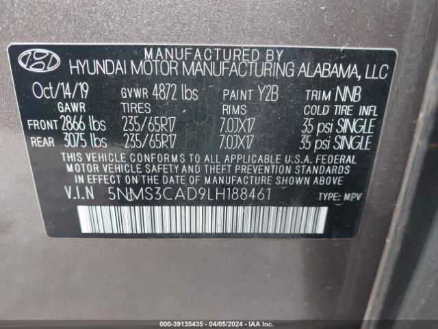 Photo 8 VIN: 5NMS3CAD9LH188461 - HYUNDAI SANTA FE 