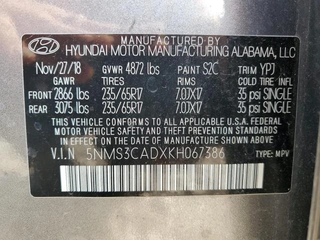 Photo 11 VIN: 5NMS3CADXKH067386 - HYUNDAI SANTA FE S 