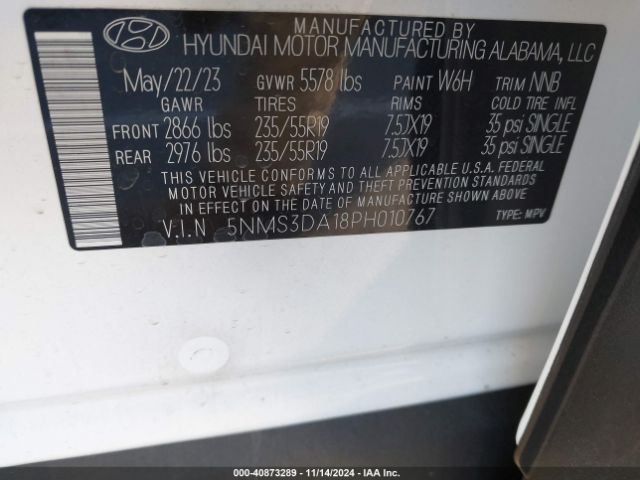 Photo 8 VIN: 5NMS3DA18PH010767 - HYUNDAI SANTA FE 