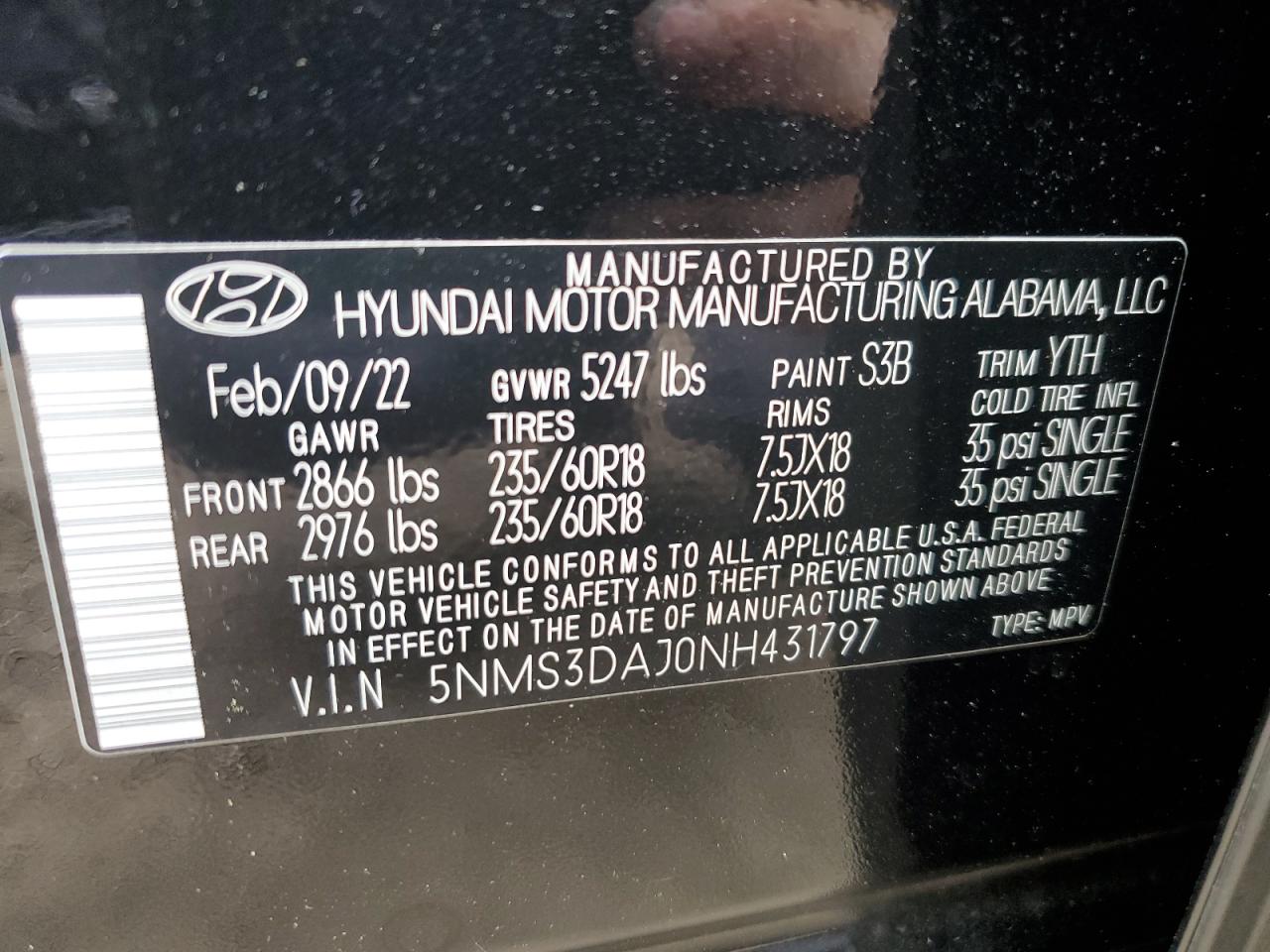 Photo 11 VIN: 5NMS3DAJ0NH431797 - HYUNDAI SANTA FE 