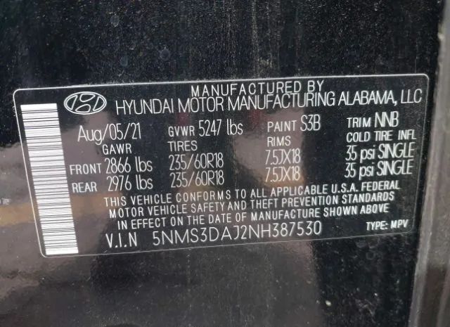 Photo 8 VIN: 5NMS3DAJ2NH387530 - HYUNDAI SANTA FE 