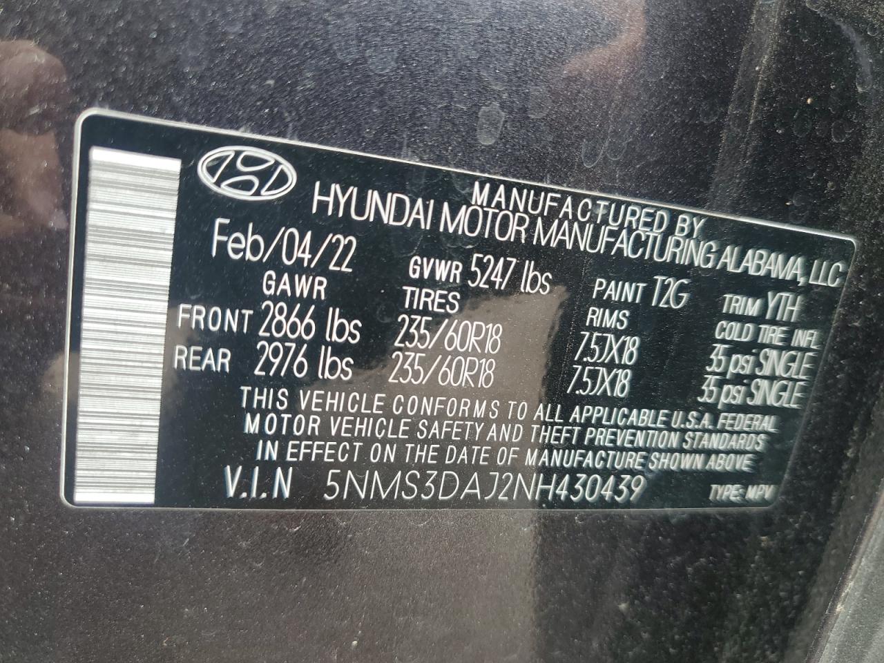 Photo 11 VIN: 5NMS3DAJ2NH430439 - HYUNDAI SANTA FE 