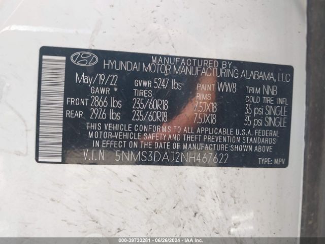 Photo 8 VIN: 5NMS3DAJ2NH467622 - HYUNDAI SANTA FE 