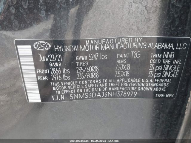 Photo 8 VIN: 5NMS3DAJ3NH378979 - HYUNDAI SANTA FE 