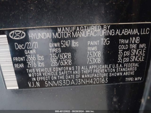 Photo 8 VIN: 5NMS3DAJ3NH420163 - HYUNDAI SANTA FE 